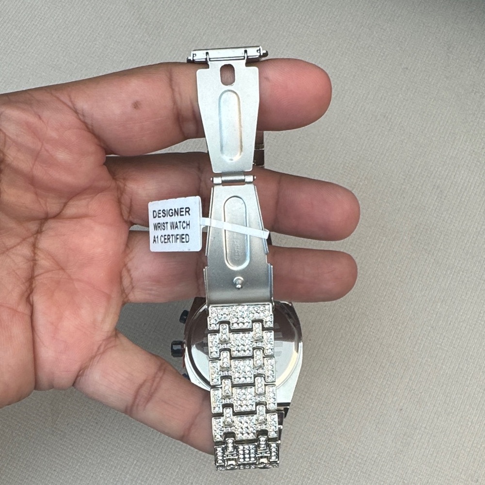 Men’s Iced Out Silver Tone with Blue Accents Watch - Picture 4 of 5